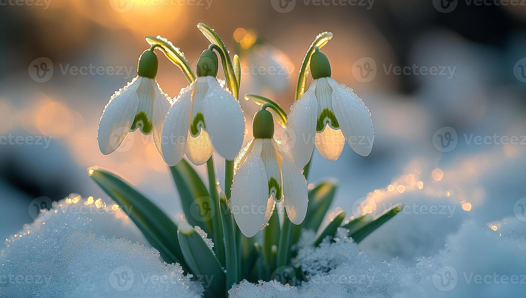Snowdrop flowers bloom through snow. Delicate snowdrop flowers emerge from a blanket of snow as sunlight glimmers on their petals in winter. photo