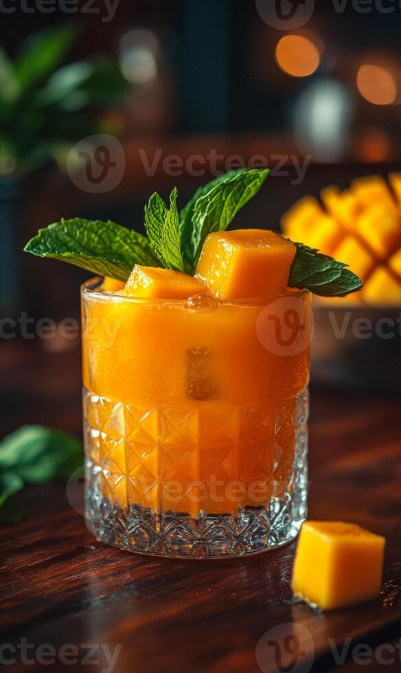 Minty mango cocktail refreshment. A vibrant mango cocktail is presented in a glass, garnished with fresh mint and mango cubes, inviting enjoyment. photo