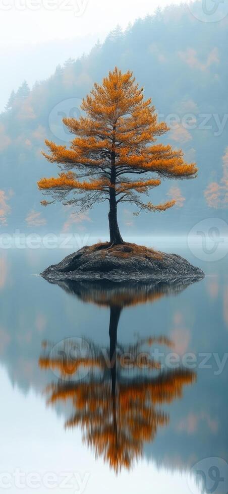 Autumn tree reflecting in still water. A lone tree with vibrant orange foliage stands on a small island, perfectly mirrored in calm water during autumn. photo