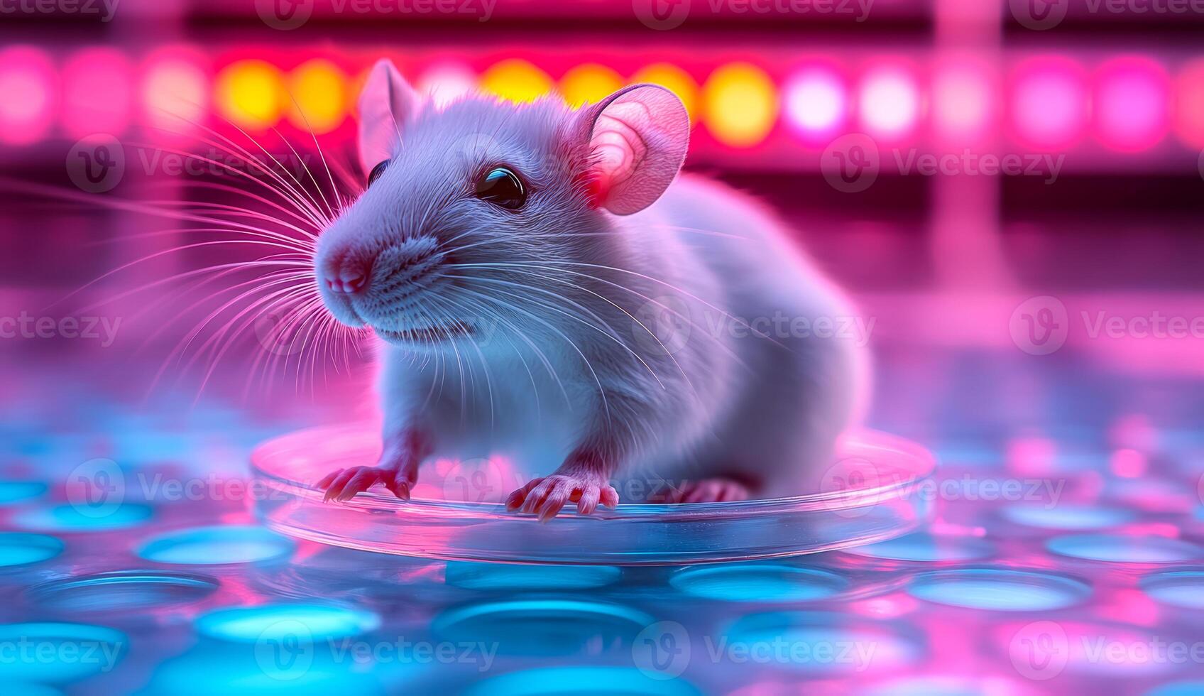 White rat under colorful lights in a lab. A small white rat explores a circular platform surrounded by vibrant, colorful lights in a laboratory setting. photo