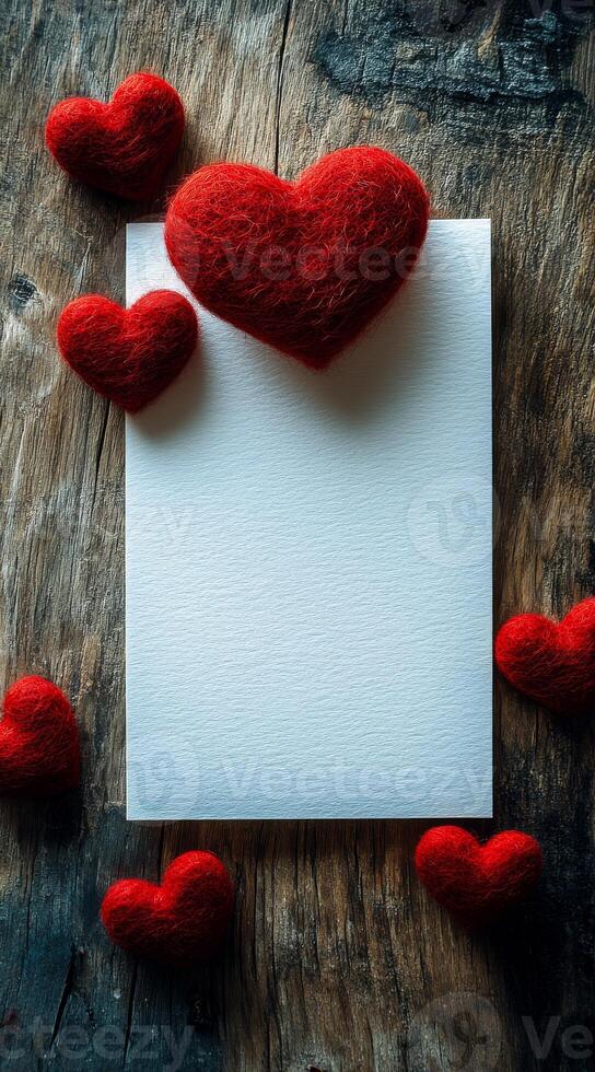 Red hearts around a blank card. Red felt hearts are scattered around a blank, textured card on a rustic wooden surface creating a romantic setting. photo