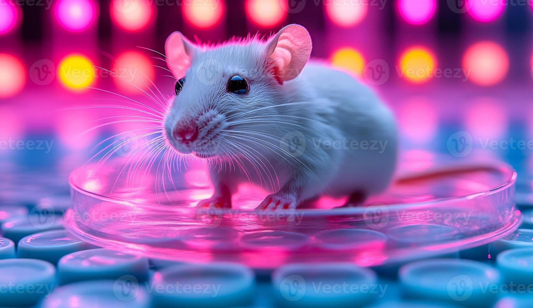 White rat under colorful lights in lab. A white rat stands on a petri dish surrounded by vibrant, colorful lights in a laboratory setting. photo