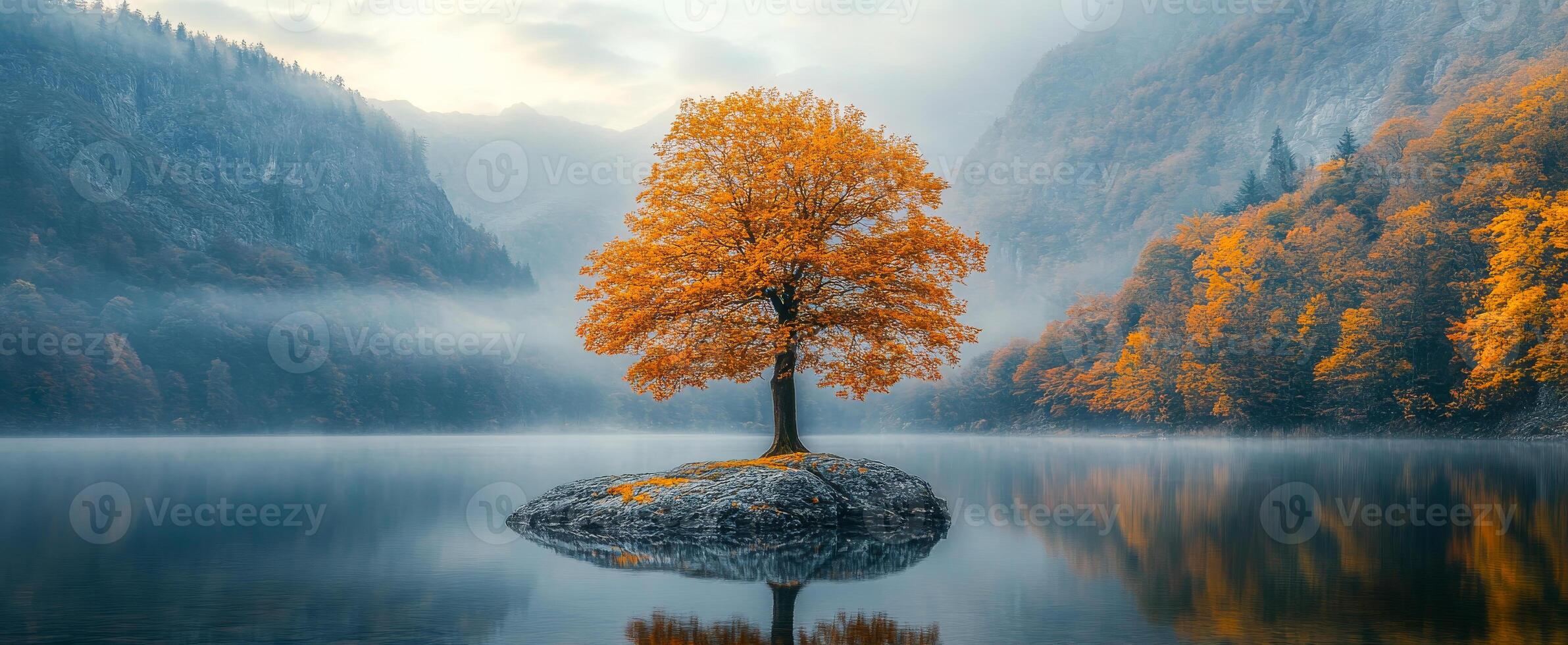 Autumn tree on a quiet lake island. A lone orange tree stands on a small island surrounded by foggy waters and mountain scenery in autumn. photo