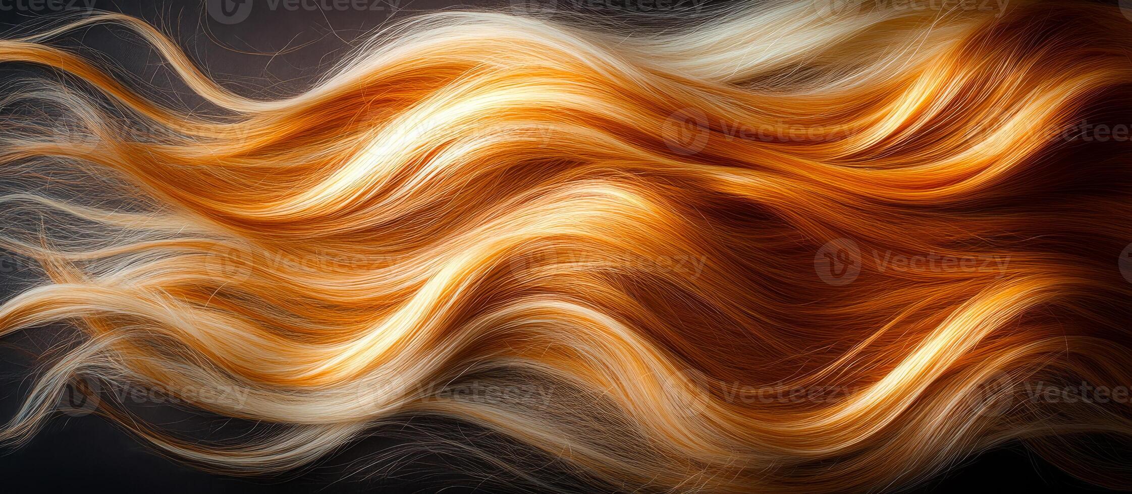 Flowing strands of golden orange hair. Bright golden orange hair cascades elegantly against a dark background, highlighting its luscious waves and shine. photo