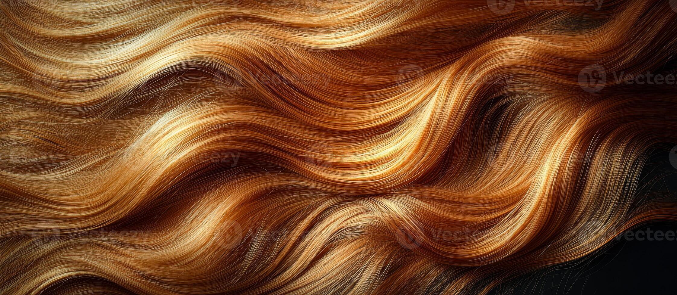 Golden hair on dark surface. Long, wavy golden hair cascades over a dark background, showcasing its texture and shine in soft light. photo