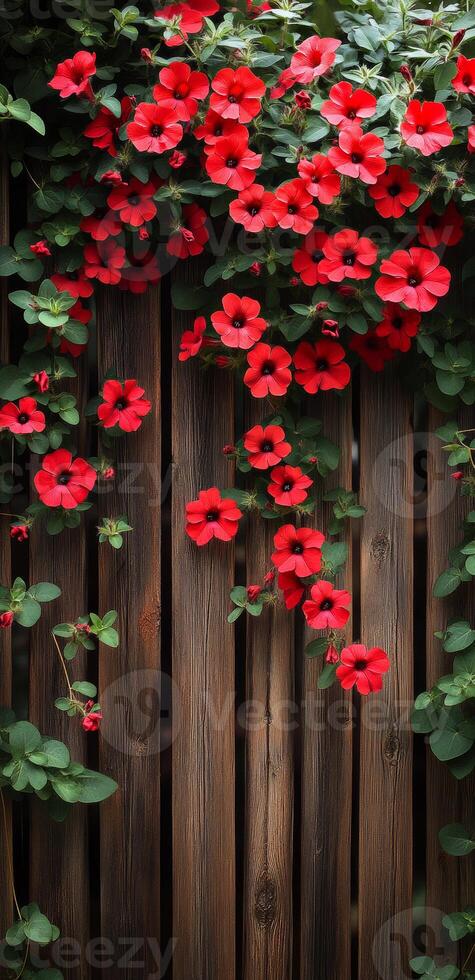 Spring flowers on a fence. Bright red flowers cascade down a rustic wooden fence surrounded by lush green leaves in a vibrant spring setting. photo