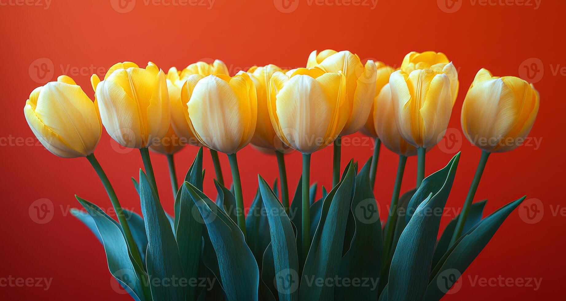 A bunch of yellow and white tulips are arranged in a vase. The flowers are in full bloom and are arranged in a way that they are all facing the same direction. The vase is placed on a red background photo