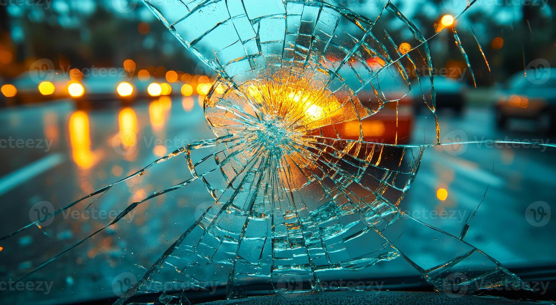 A car window is shattered, and the light from the street is reflected in the broken glass. The scene is dark and moody, with the shattered glass adding a sense of danger and unease photo