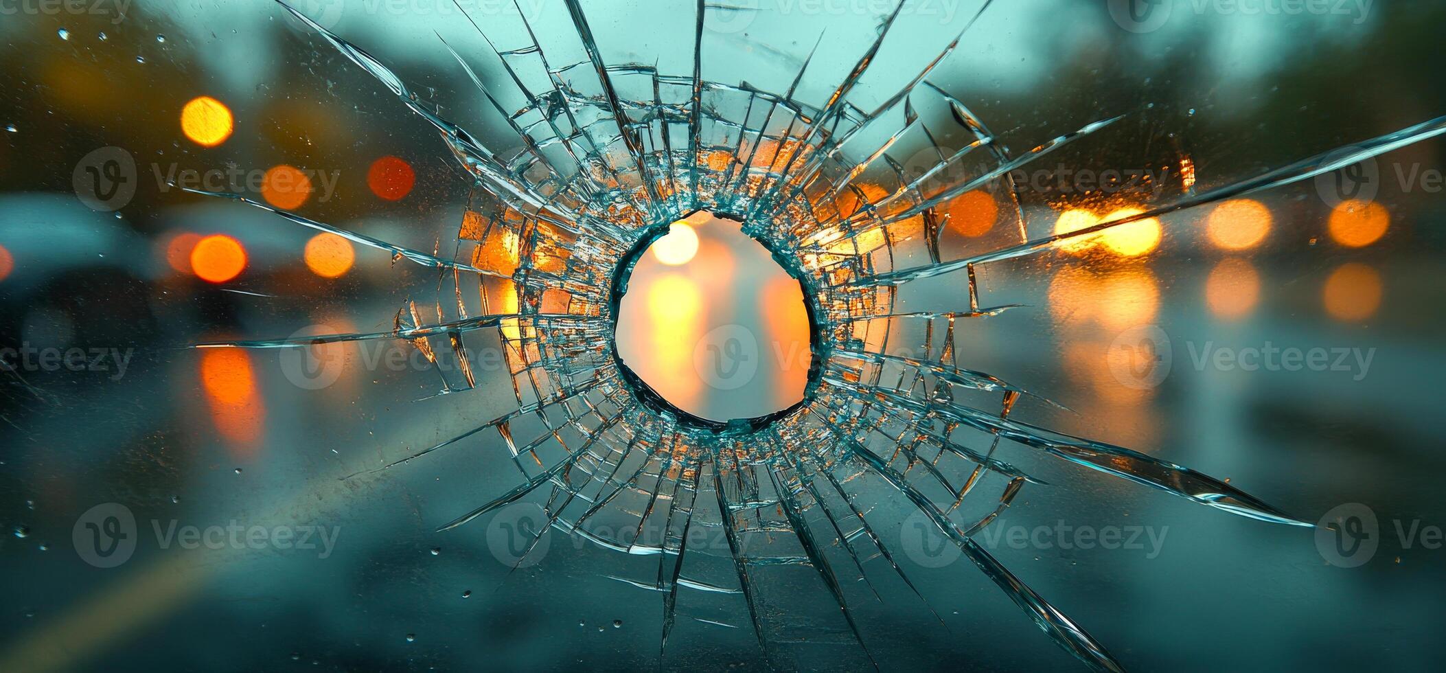 A shattered window with a hole in the middle. The light from the street lights is reflected in the broken glass photo