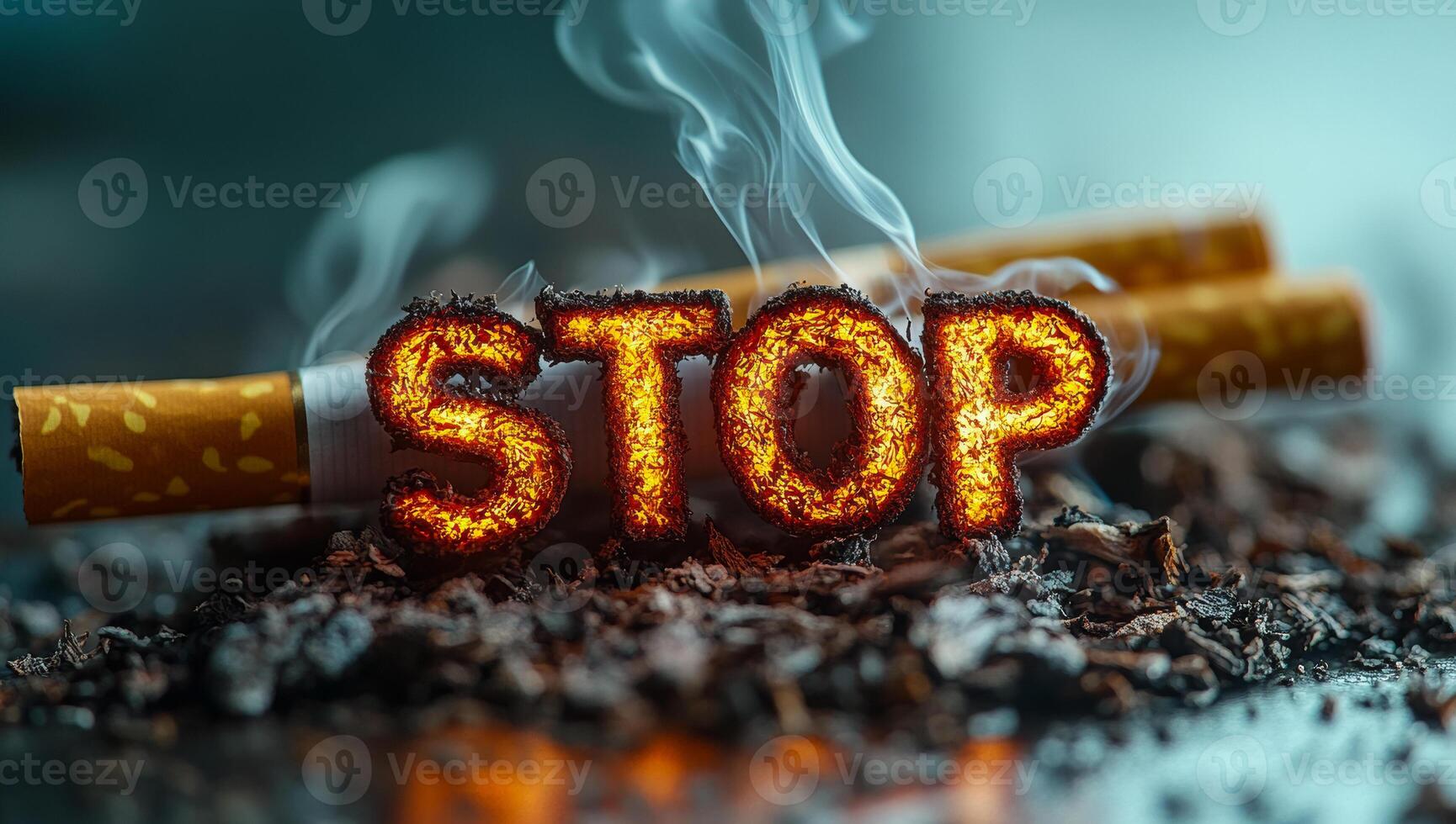 A close up of a cigarette with the word stop written in the ash. The ash is surrounded by a pile of dirt, and the cigarette is surrounded by smoke. Scene is somber and serious photo