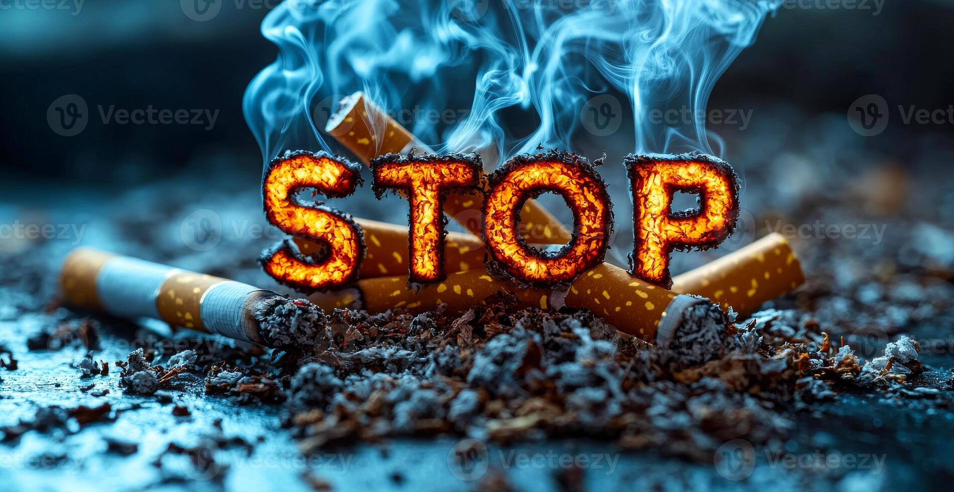 A pile of cigarette butts with the word stop written in flames on top of them. The concept of the image is to convey the negative effects of smoking and the importance of quitting photo