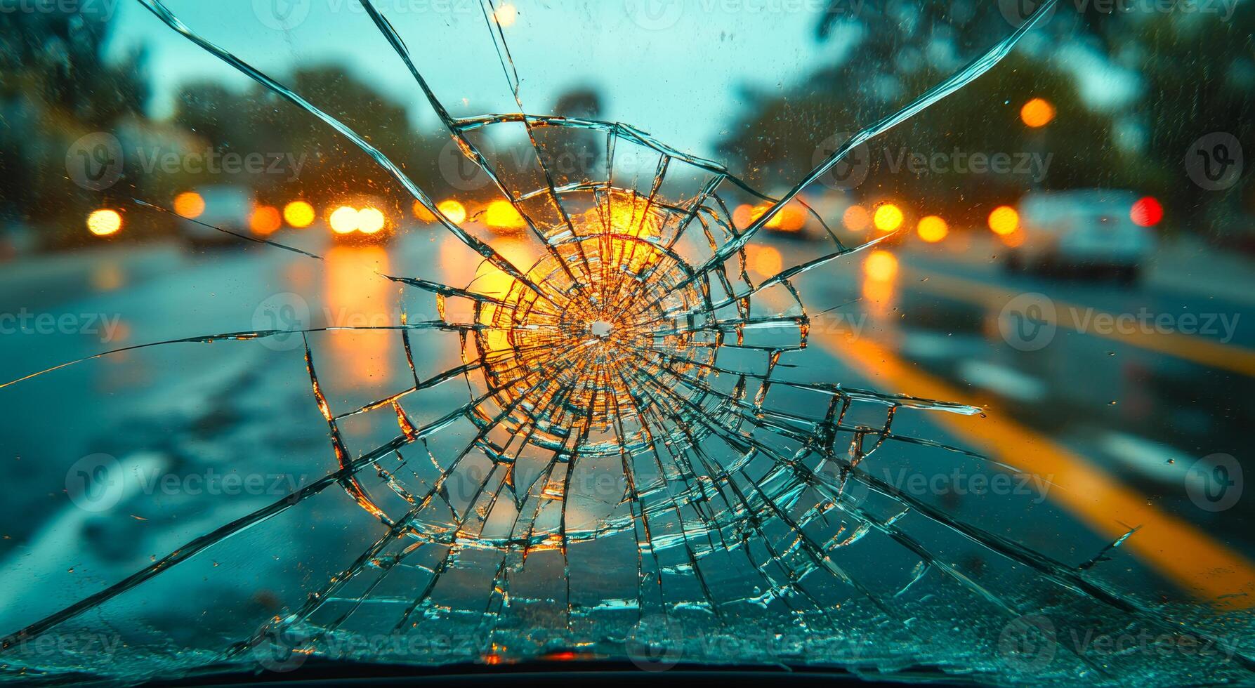 A car's windshield is shattered, leaving a spider web pattern in its place. The spider web pattern is a result of the shattered glass, which has created a unique and intricate design photo