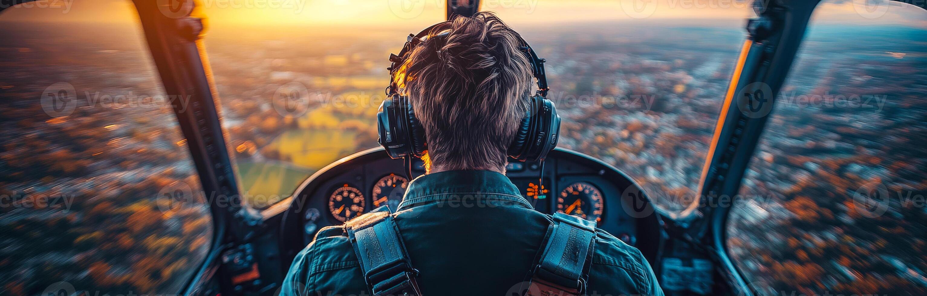 A pilot is flying a small plane with a view of the ground below. The pilot is wearing a headset and is looking out the window photo