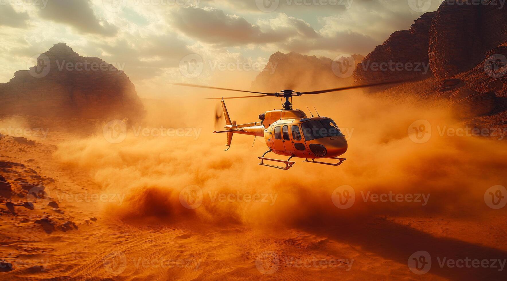A yellow helicopter is flying over a sandy desert. The helicopter is surrounded by a lot of dust and sand, giving the scene a sense of adventure and excitement photo
