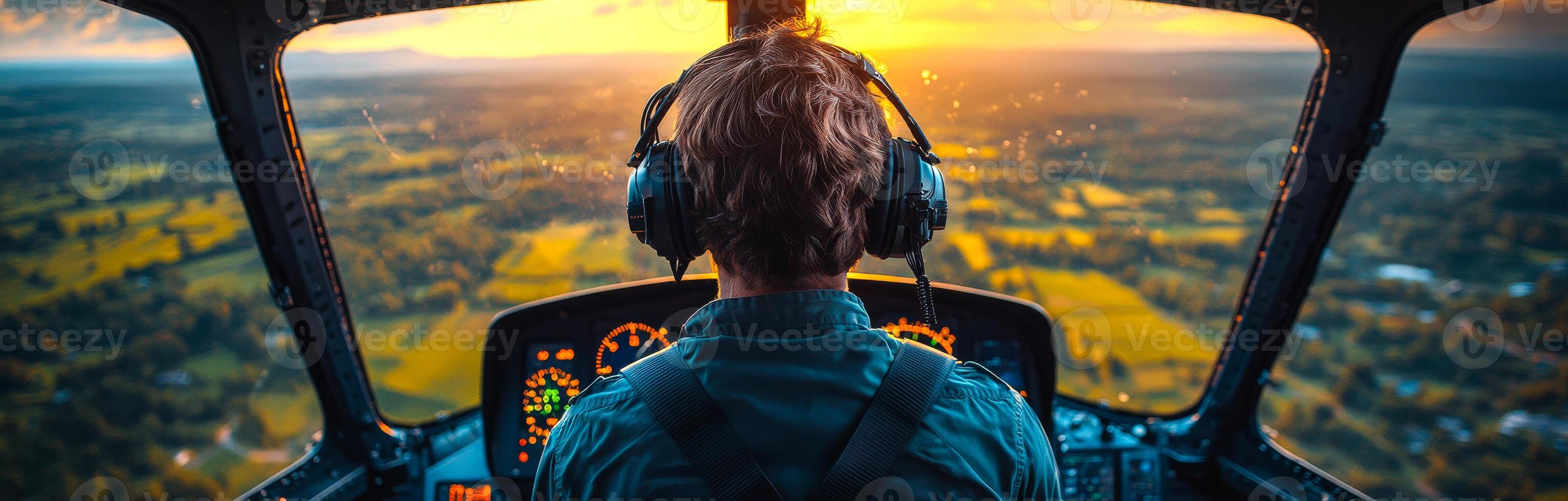 A pilot is flying a helicopter with a sunset in the background. The pilot is wearing headphones and is looking out the window photo
