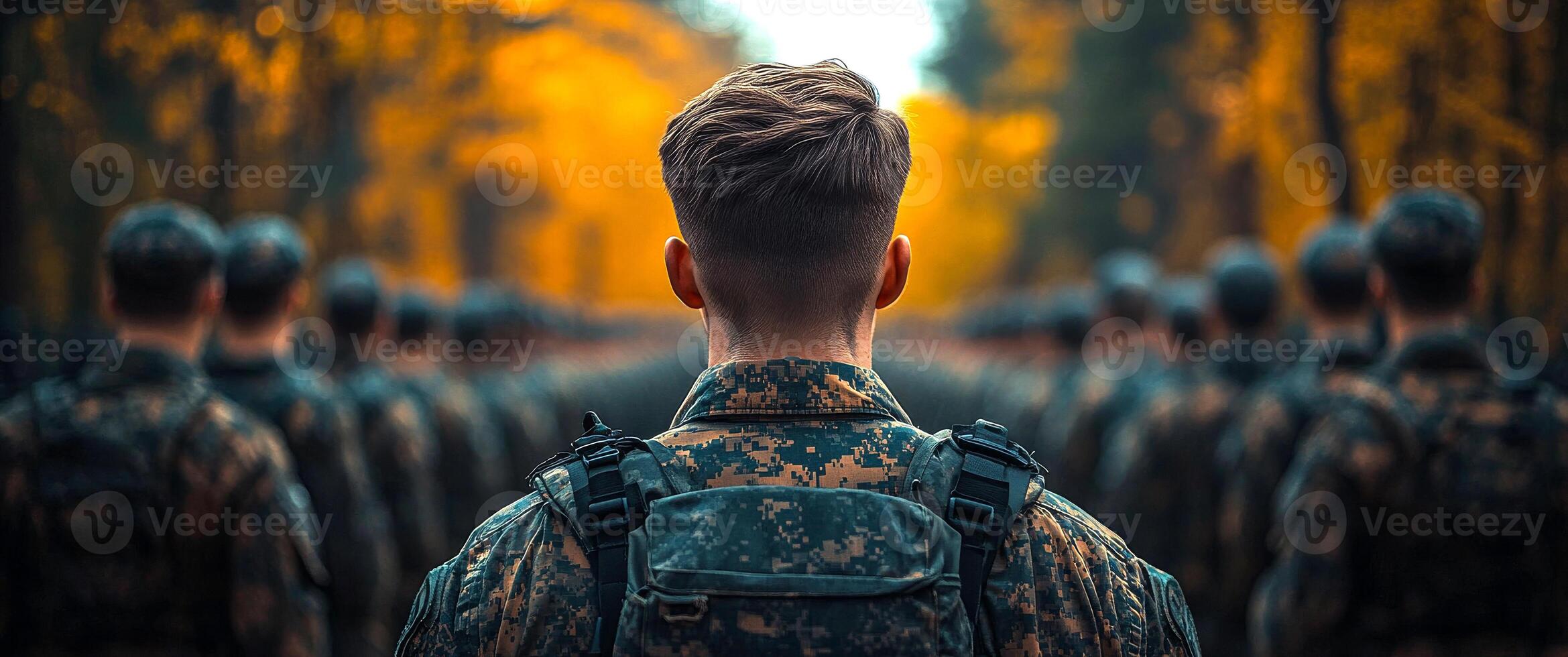 A man in a military uniform stands in front of a group of soldiers. photo