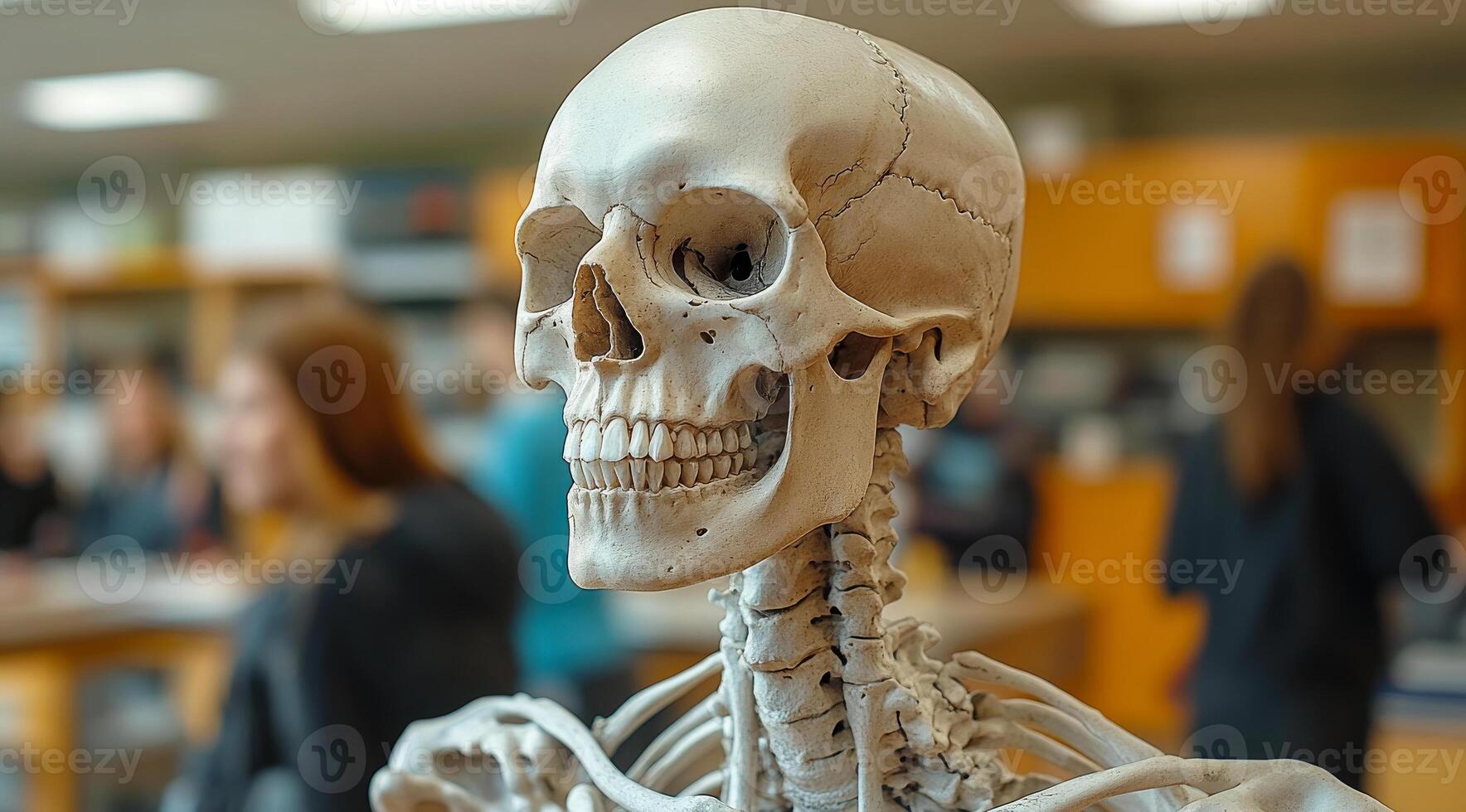 A skeleton is standing in a classroom with a group of people. The skeleton is smiling and he is happy photo