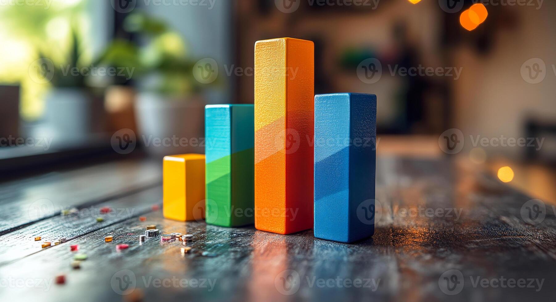 A set of wooden blocks with different colors stacked on top of each other. The blocks are arranged in a way that they resemble a graph or a chart. The blocks are placed on a wooden table photo