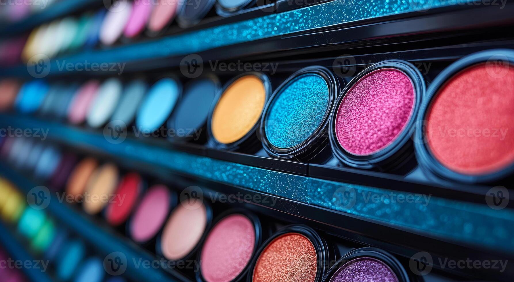 A row of colorful makeup palettes with glittery eyeshadows. The palettes are arranged in a way that they are easy to see and access. The colors are bright and vibrant photo