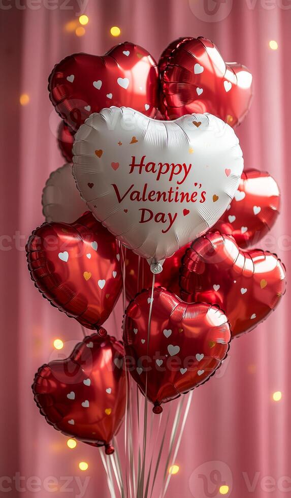 A bunch of red and white heart balloons with the words Happy Valentine's Day written on them. The balloons are arranged in a way that they look like a heart, and they are all different sizes photo