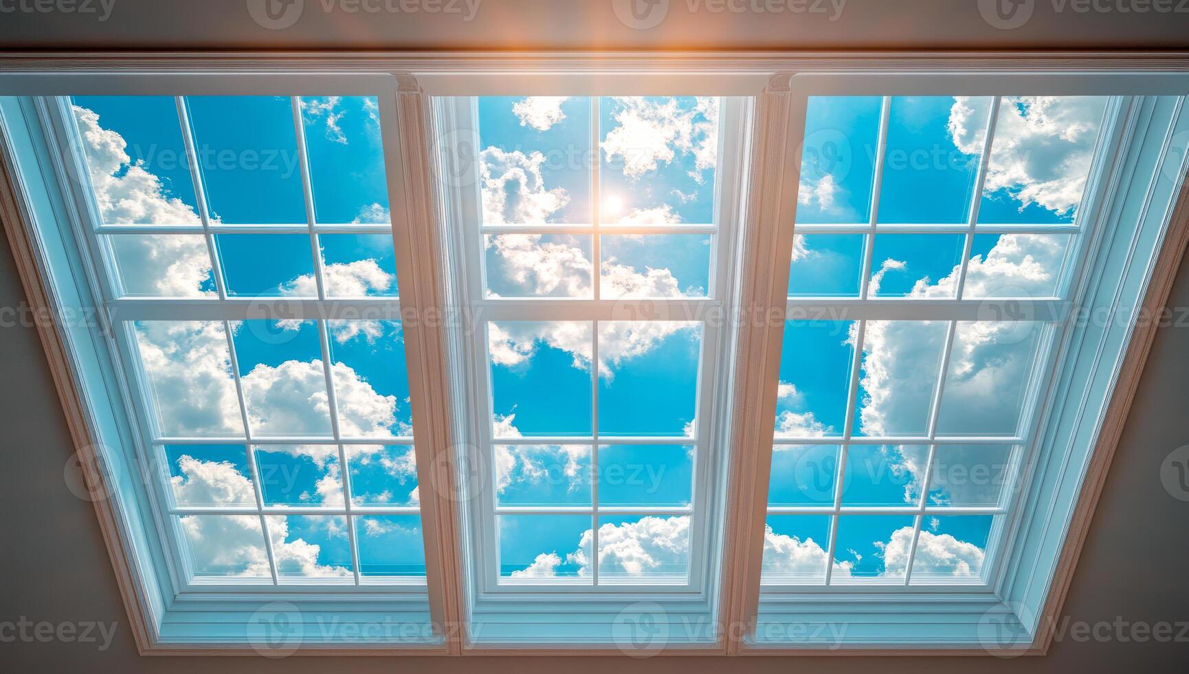 The sky is a beautiful shade of blue with fluffy white clouds scattered throughout. The sun is shining brightly through the windows, casting a warm glow on everything below. The view is breathtaking photo