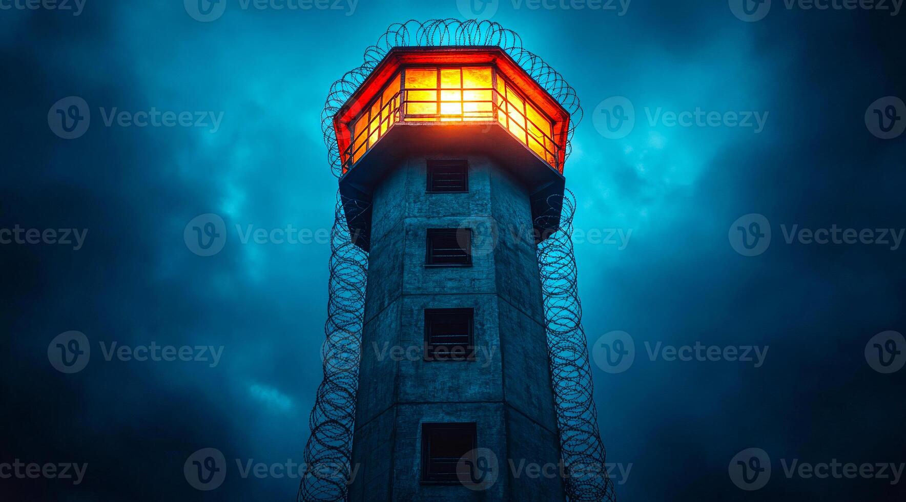 A lighthouse with a bright light shining out of it. The lighthouse is surrounded by barbed wire photo