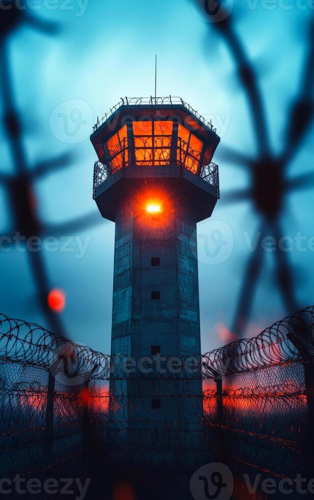 A tall tower with a light on top of it. The tower is surrounded by a fence. The fence is barbed wire photo