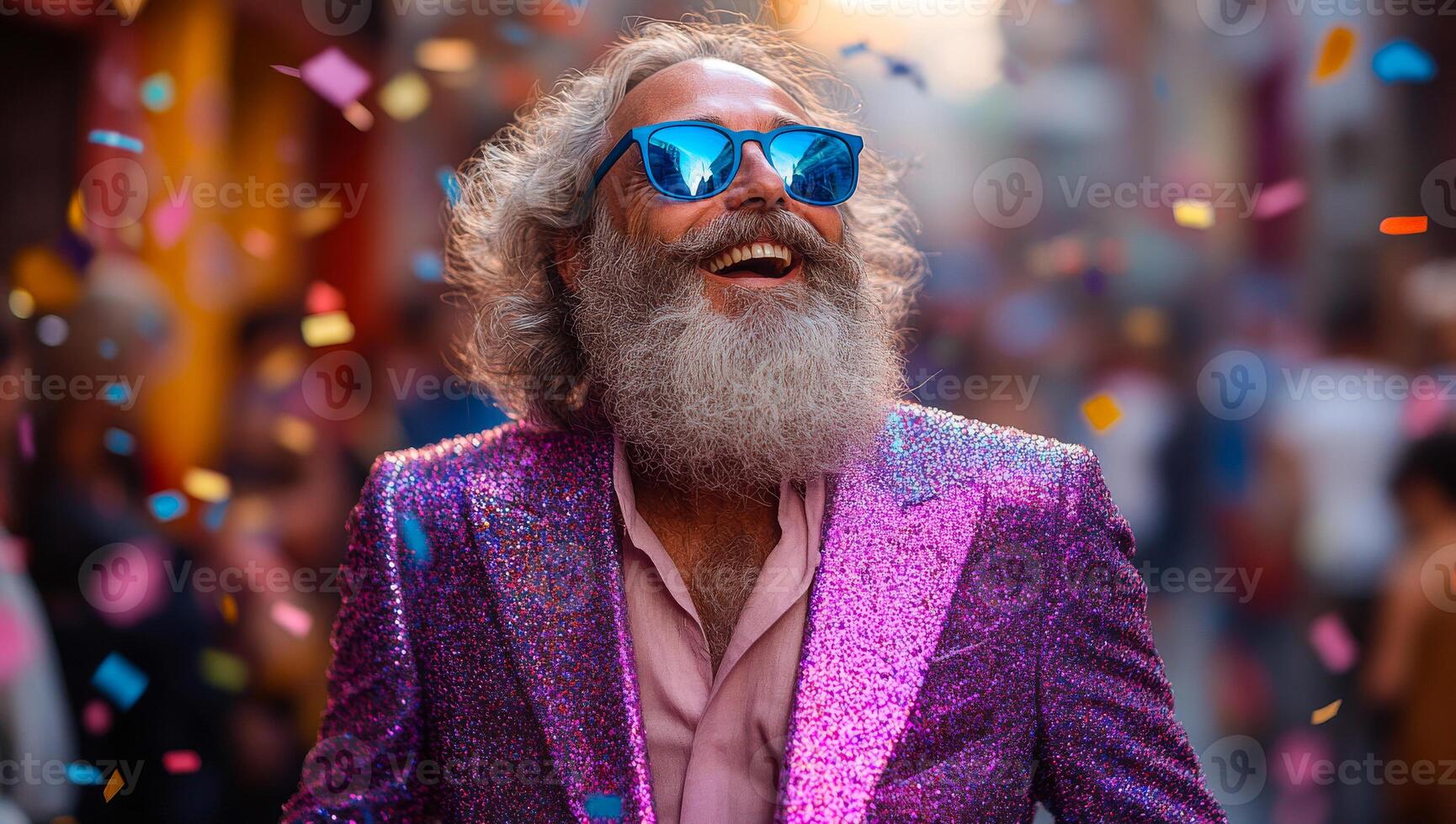 A man in a purple suit with a beard and sunglasses is smiling and surrounded by confetti. Concept of joy and celebration photo