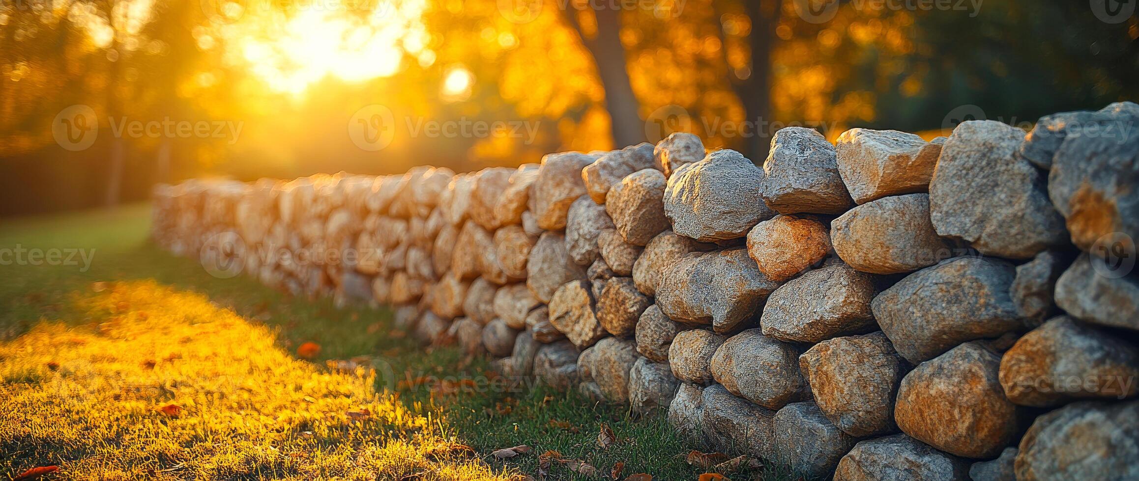 A stone wall with a sun shining on it. The sun is in the background and the wall is in the foreground photo
