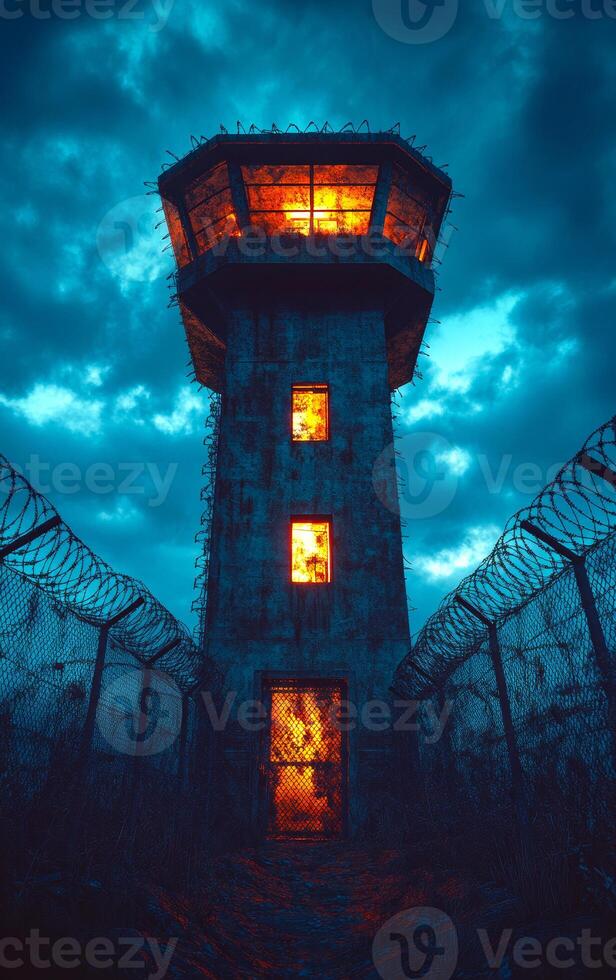 A tall tower with a prison cell on top. The tower is lit up with a yellow light photo