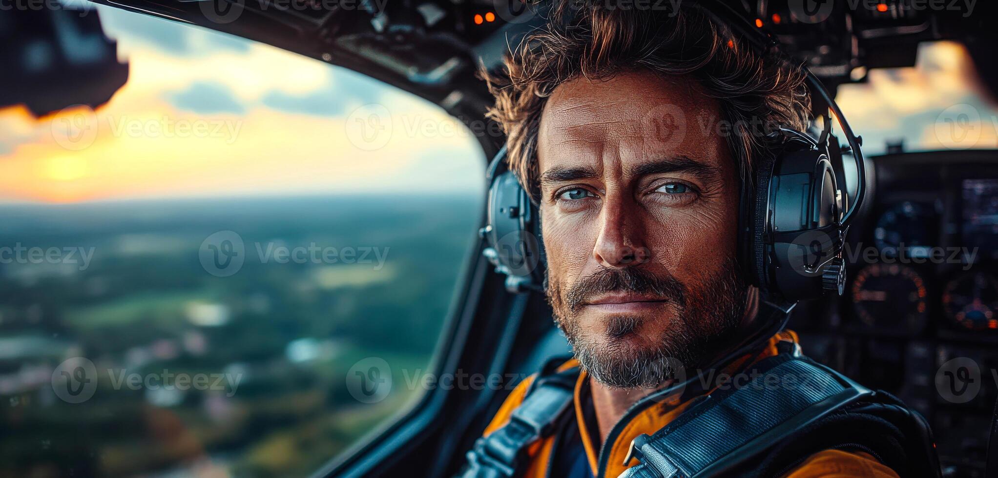 A man in a pilot's seat with a beard and glasses. He is wearing a yellow jacket and a blue vest photo