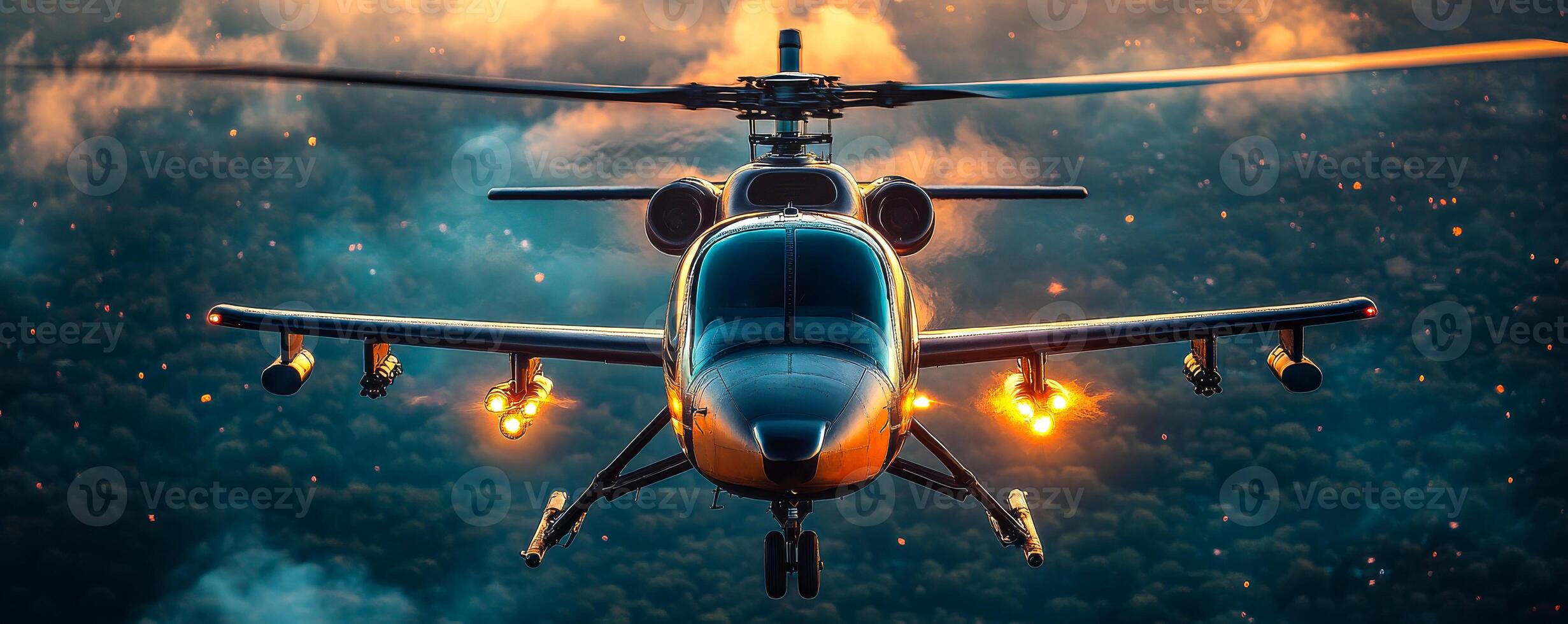 A helicopter is flying in the sky with a firestorm in the background. The firestorm is caused by the helicopter's landing gear photo