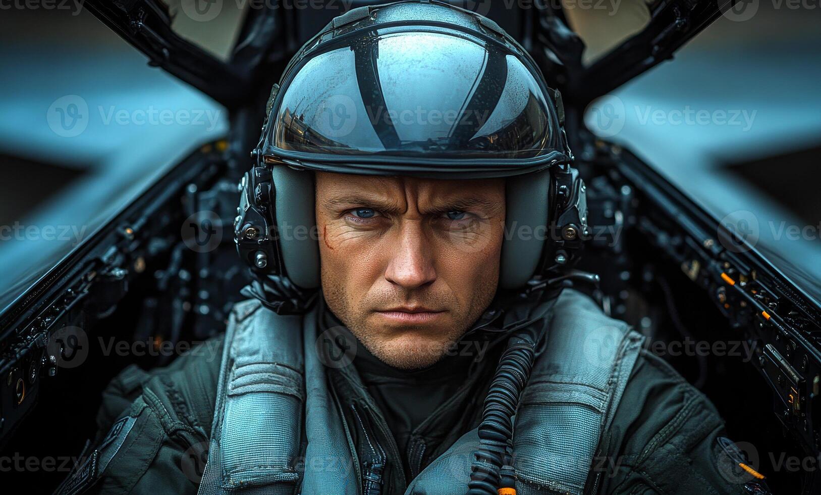 A man in a fighter jet with a helmet on his head. He is looking at the camera photo