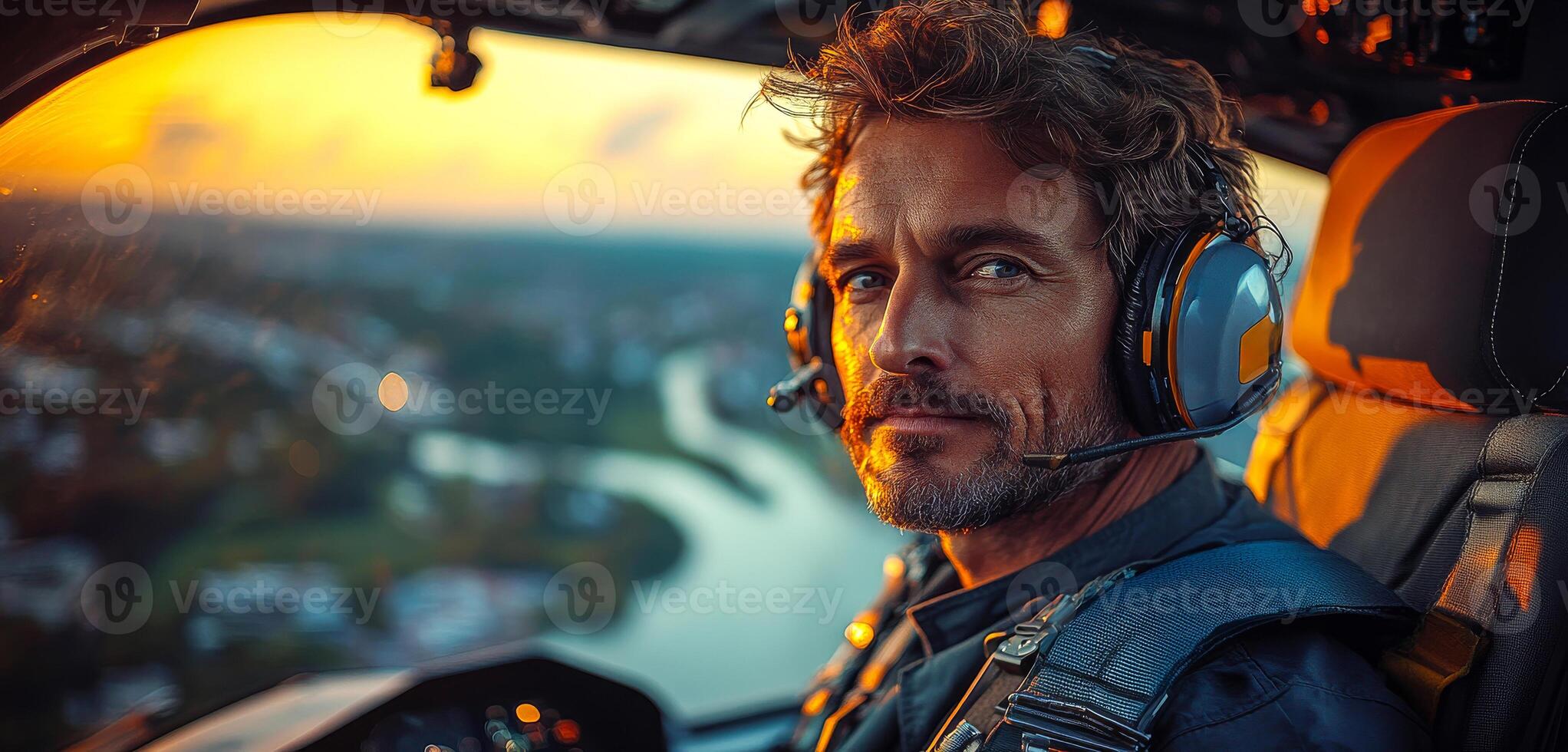 A man in a pilot's seat with a headset on and a view of a river below. The man is wearing a blue jacket and he is focused on the task at hand photo
