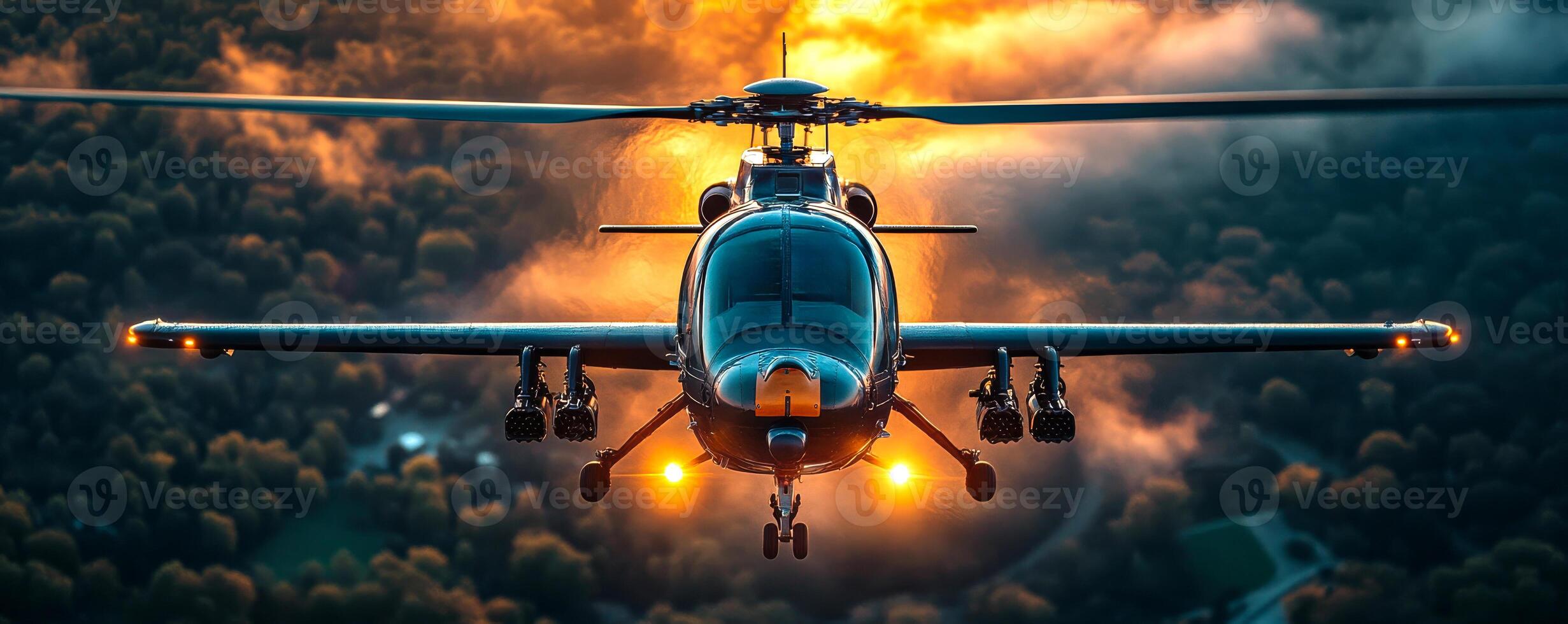 A helicopter is flying through the sky with a bright orange sun in the background. The scene is dramatic and intense, with the helicopter being the main focus of the image photo