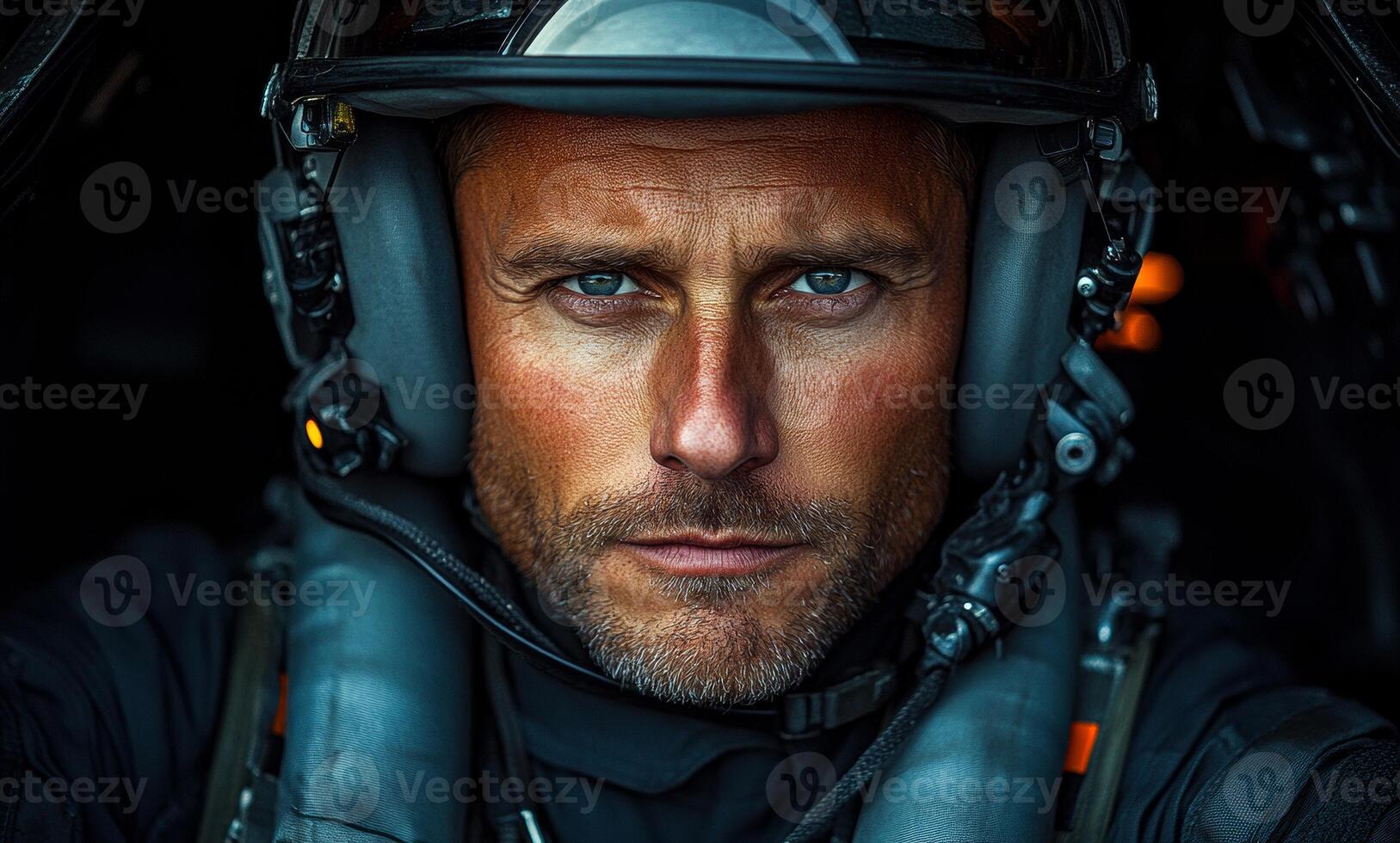 A man in a military uniform is wearing a helmet and looking directly at the camera. Concept of authority and strength, as the man is a pilot in a fighter jet photo
