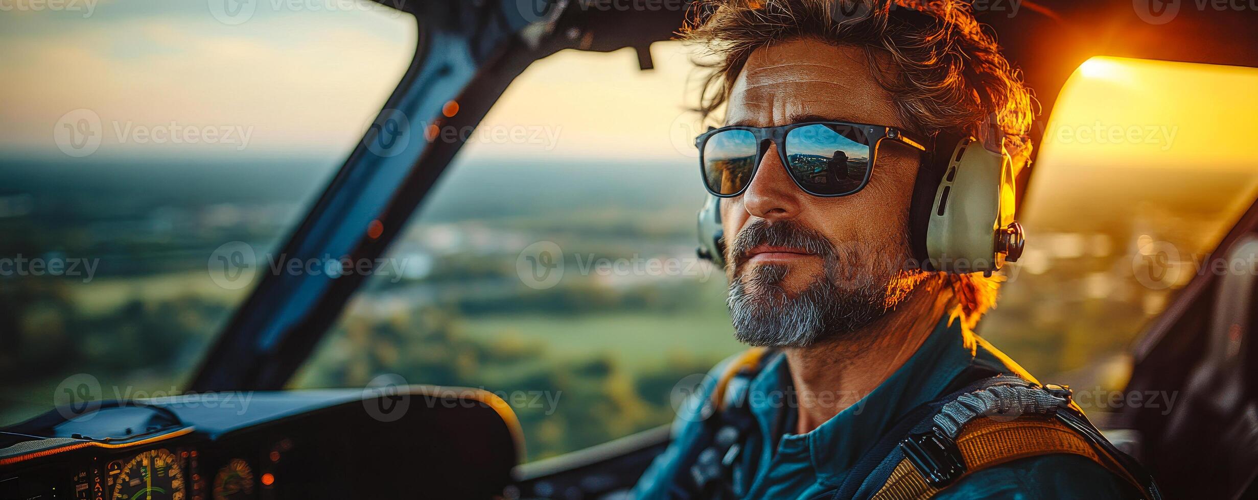 A man in a helicopter with sunglasses on and a beard. He is wearing headphones. The sky is blue and the sun is setting photo