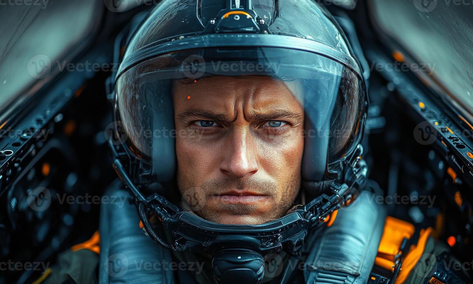 A man in a fighter jet helmet is staring at the camera. Concept of determination and focus, as the man prepares for a mission photo
