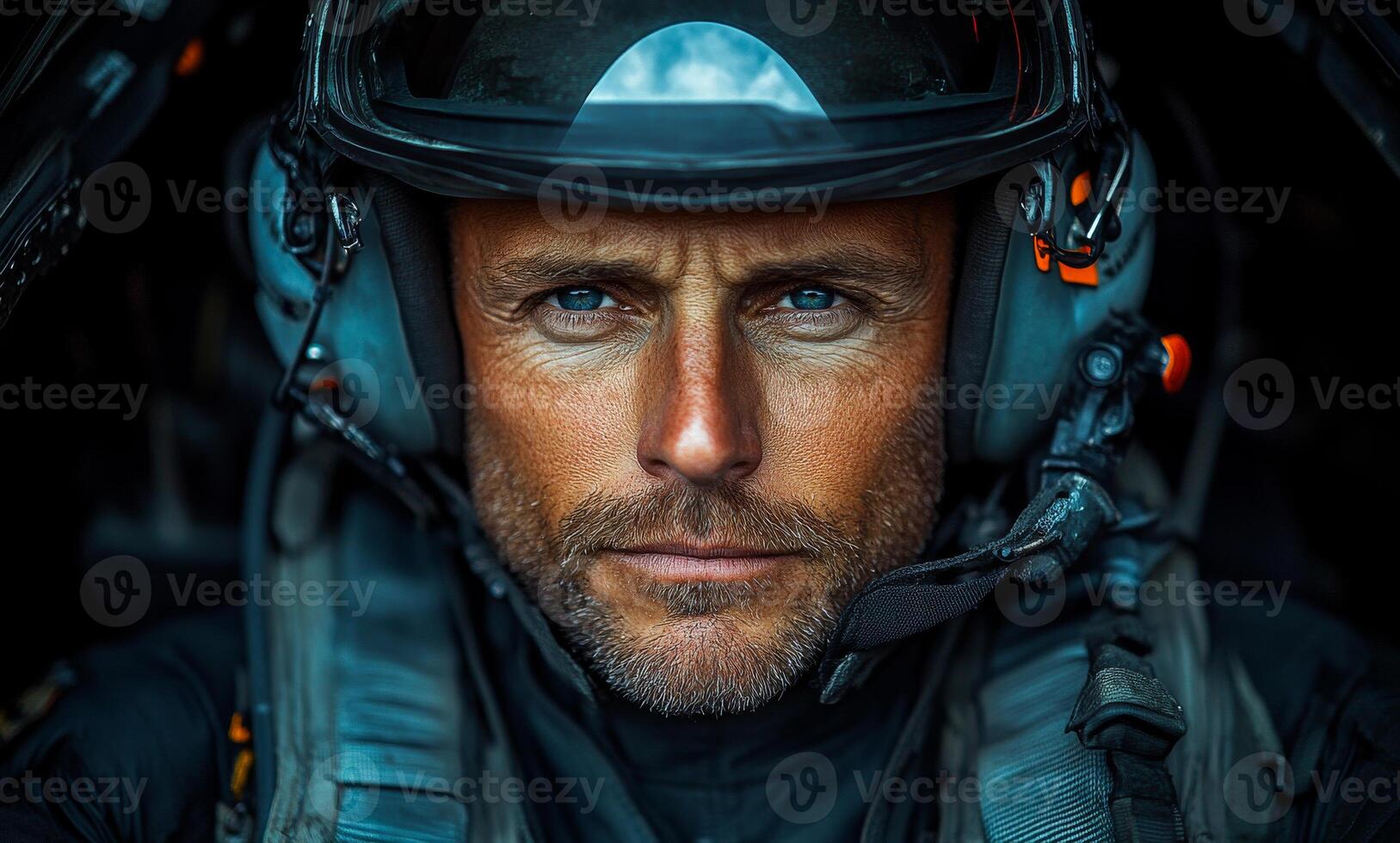 A man in a black helmet with a microphone on his head. He has a serious look on his face photo