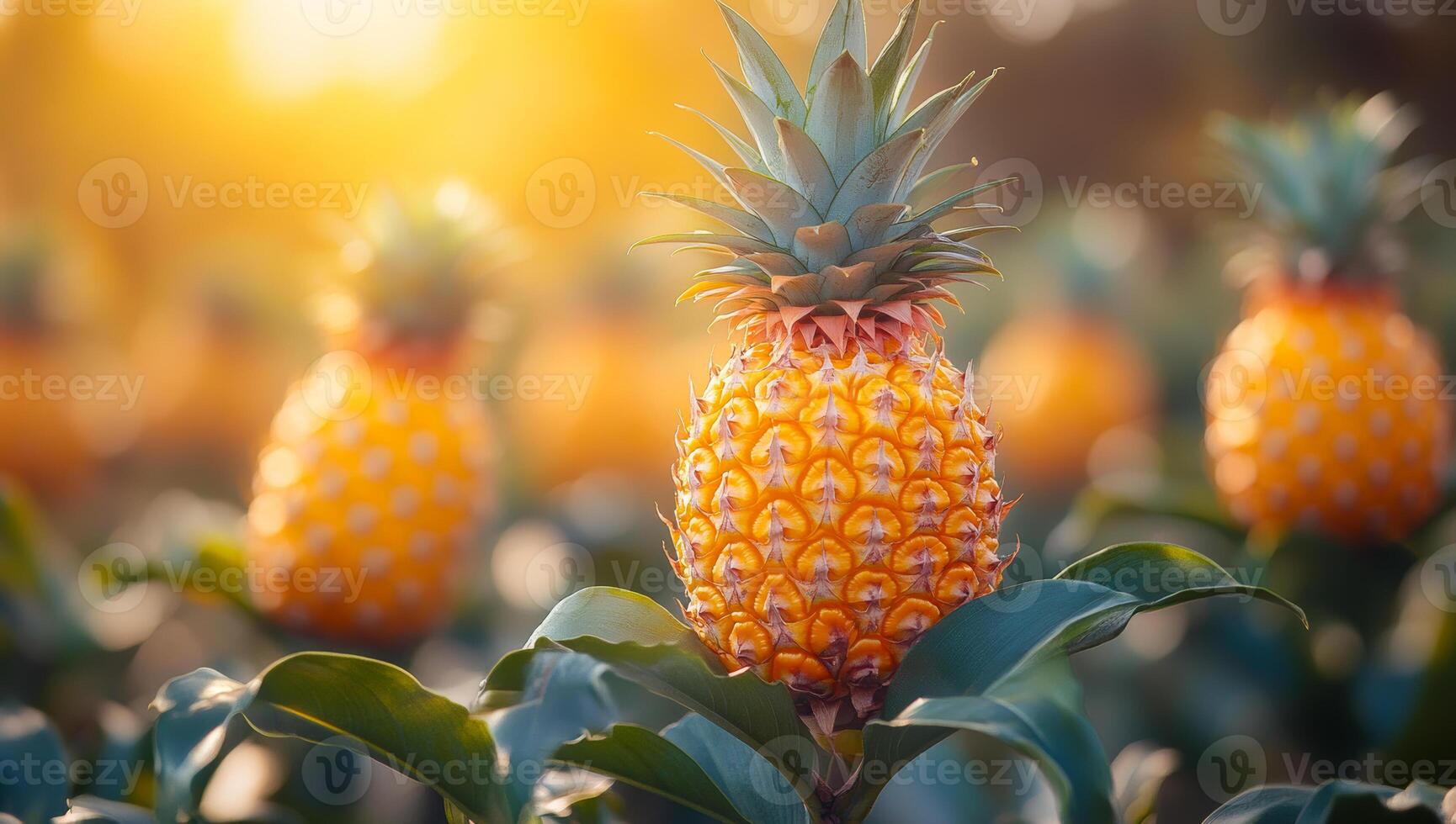 A close up of a pineapple with a bunch of other pineapples in the background. Concept of abundance and growth, as the pineapple plants are thriving and producing fruit photo