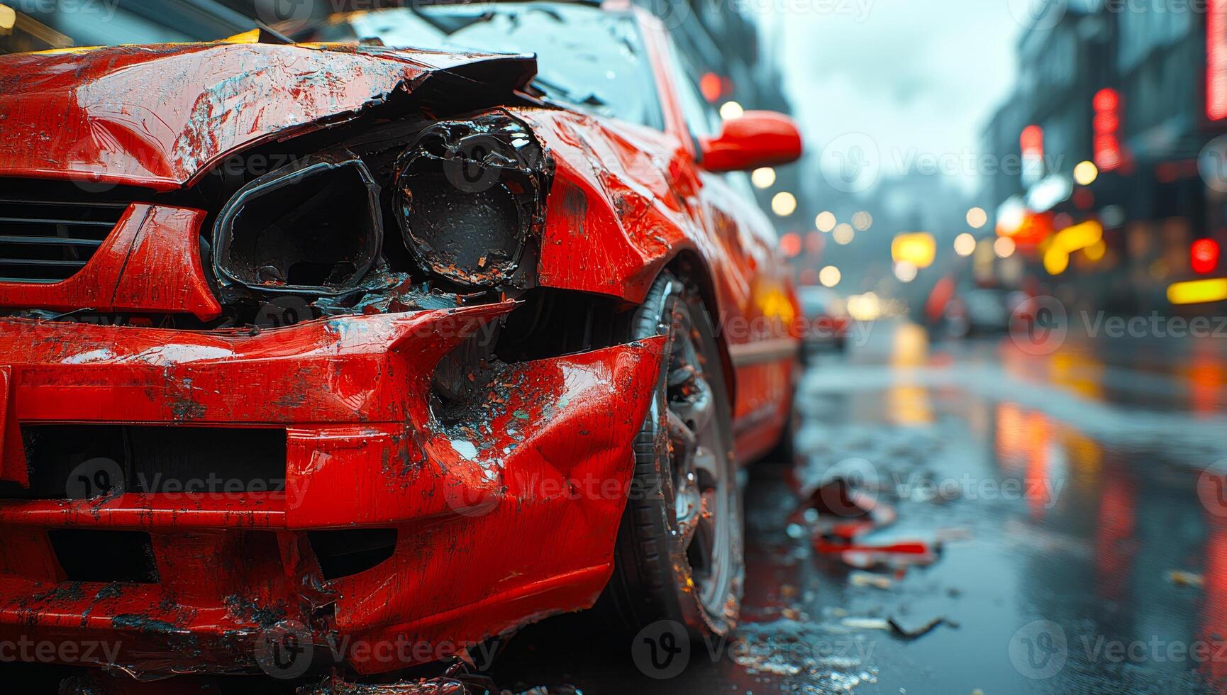 A red car is in a crash on a wet street. The car is damaged and has a black hood. The scene is dark and moody, with the rain adding to the sense of danger and chaos photo
