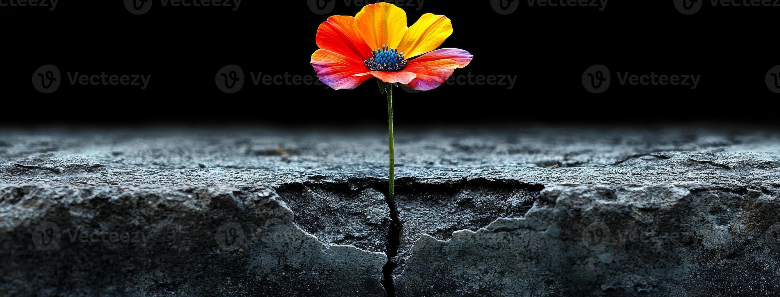 A flower is growing out of a crack in the ground. The flower is small and has a single stem. Concept of hope and resilience, as the flower is able to grow photo