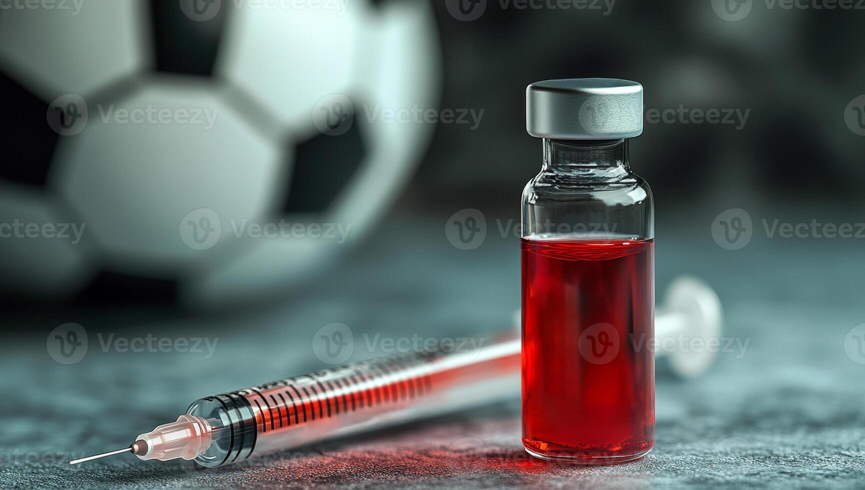 A soccer ball and a syringe with red liquid in a glass bottle are placed next to each other. The syringe is filled with a red liquid, which could be a vaccine or some other medical substance photo