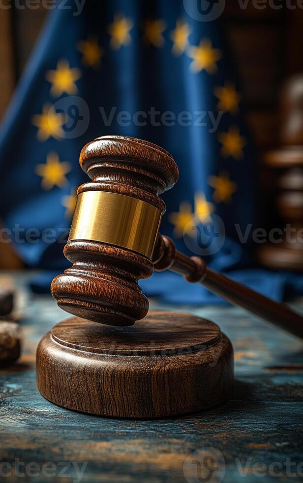 A gavel is on a wooden base in front of a flag. The flag is blue and has stars photo