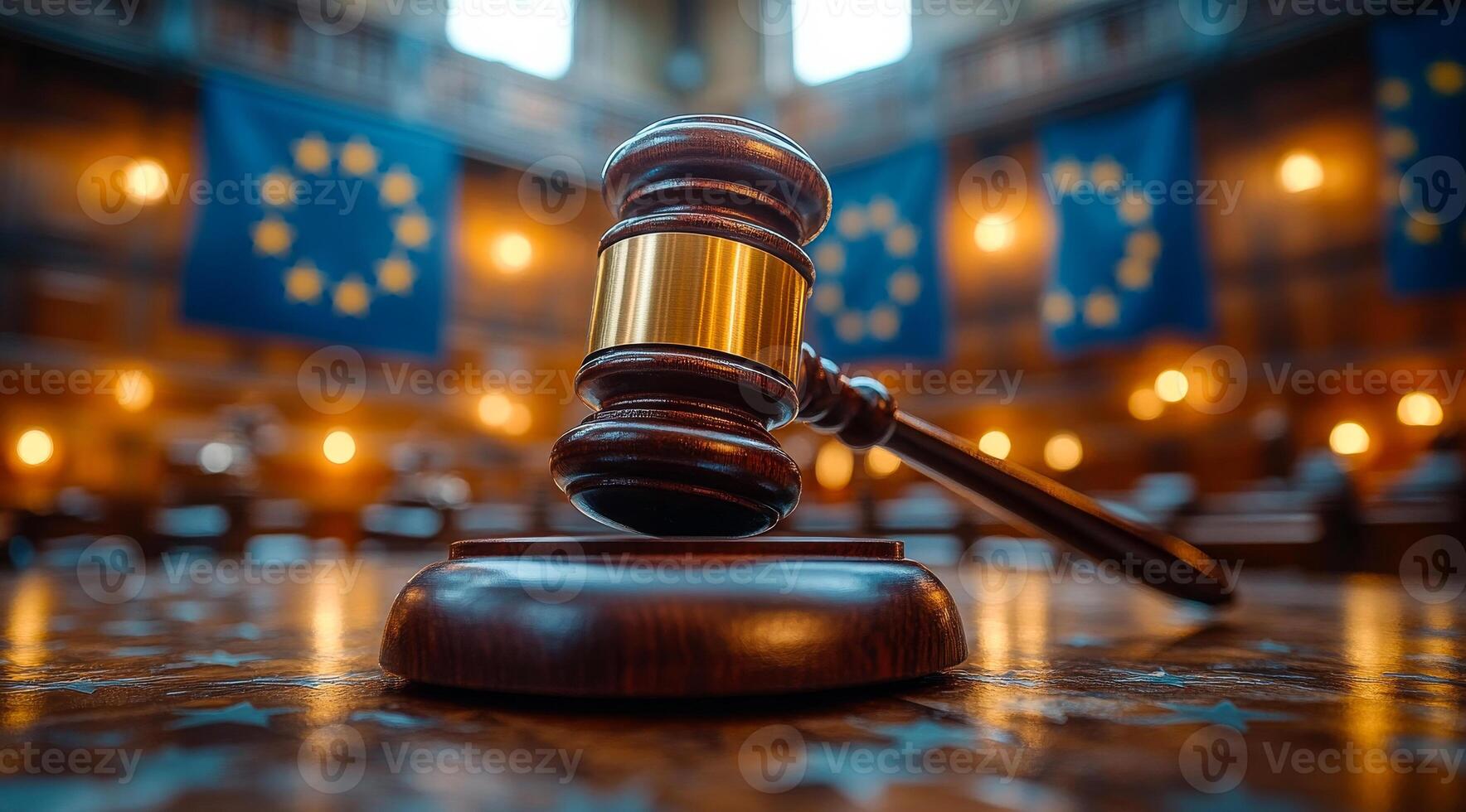 A wooden gavel sits on a wooden base. The gavel is surrounded by a number of flags, including a blue one. The scene is set in a courtroom, and the gavel is likely to be used by a judge photo