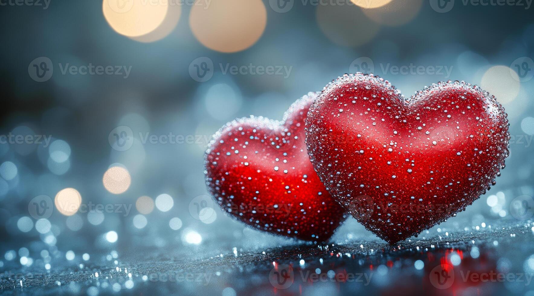 Two hearts are placed on a blue background with a blurry effect. The hearts are red and appear to be covered in snow. Concept of warmth and love, as the hearts are a symbol of affection photo