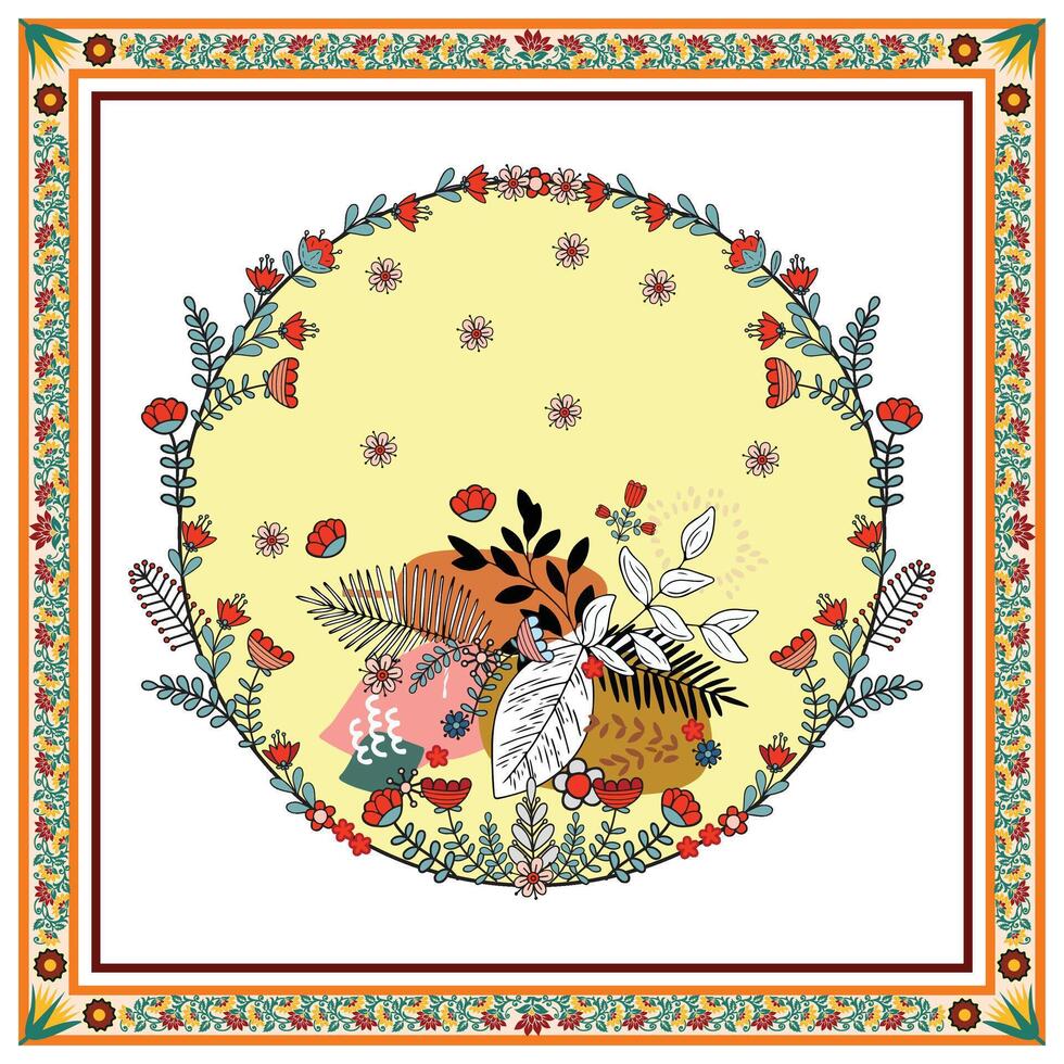 A decorative floral pattern with various leaves and flowers displayed on a sunny yellow background. vector