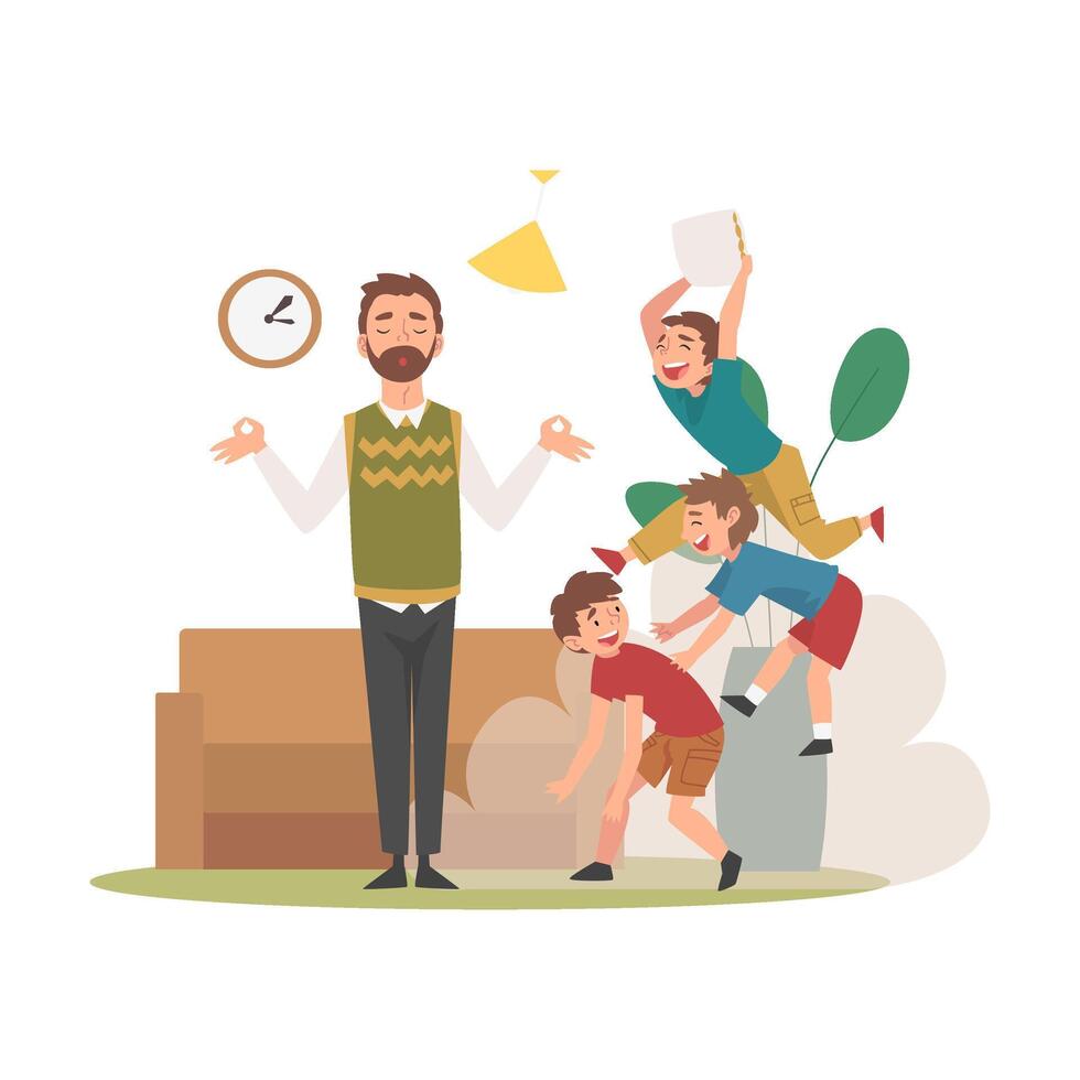 Father Meditating while His Mischievous Sons Having Fun at Home, Naughty, Rowdy Children, Bad Child Behavior Illustration vector