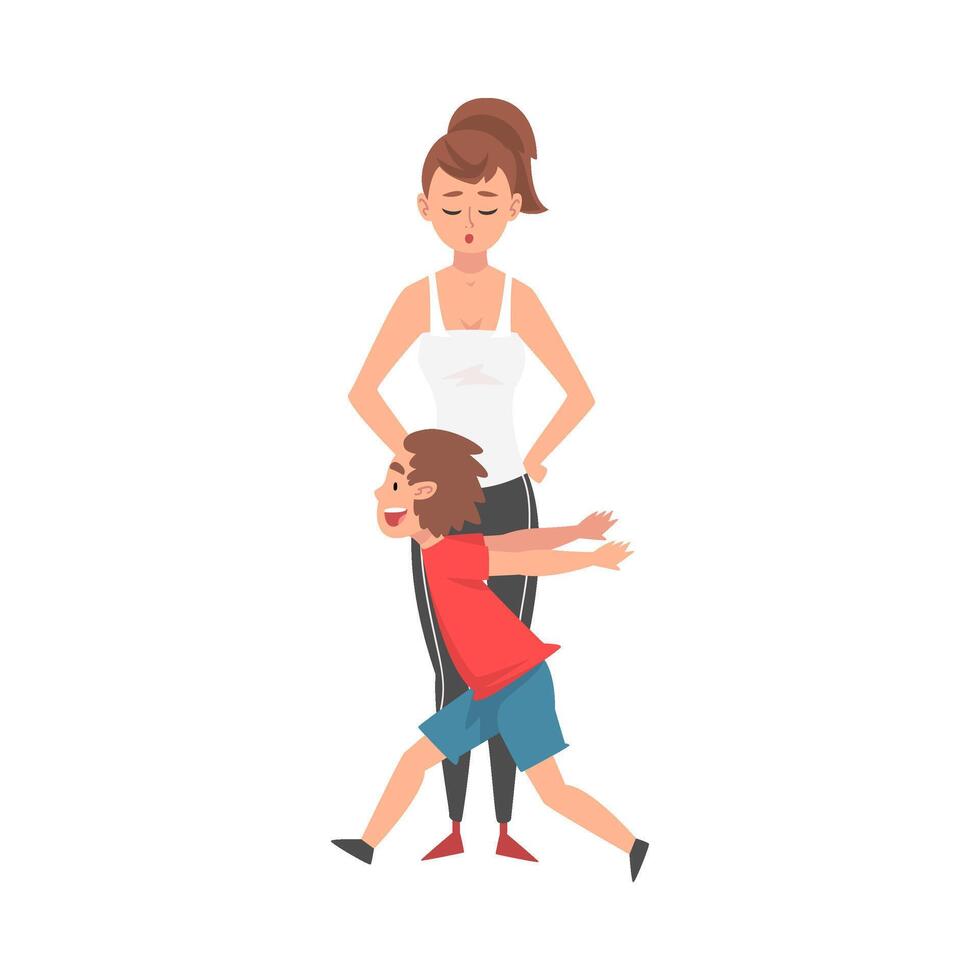 Mother and Her Mischievous Son, Naughty, Rowdy Boy, Bad Child Behavior Illustration vector