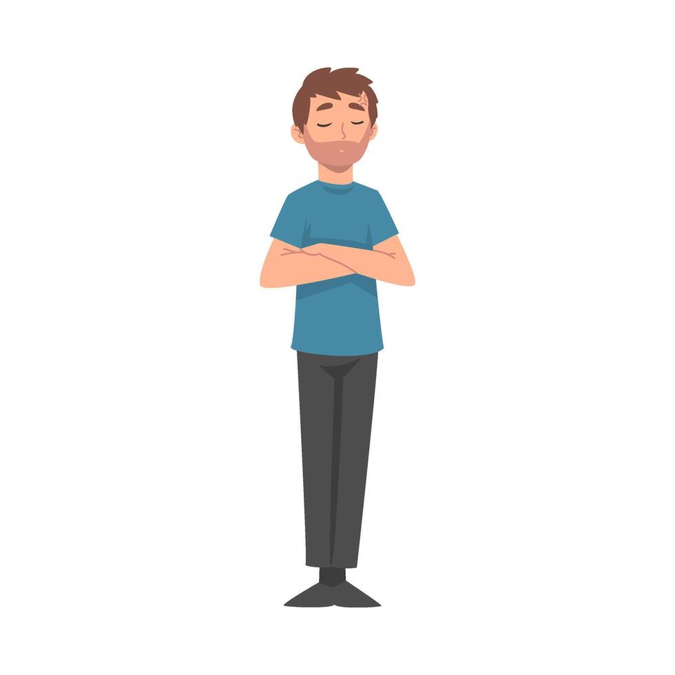 Young Man Standing with Folded Hands and Closed Eyes, Calm and Relaxing Father Illustration vector
